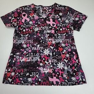 Peaches Uniform Breast Cancer Short Sleeve Scrub Top Sz M Clinic Wear Cotton